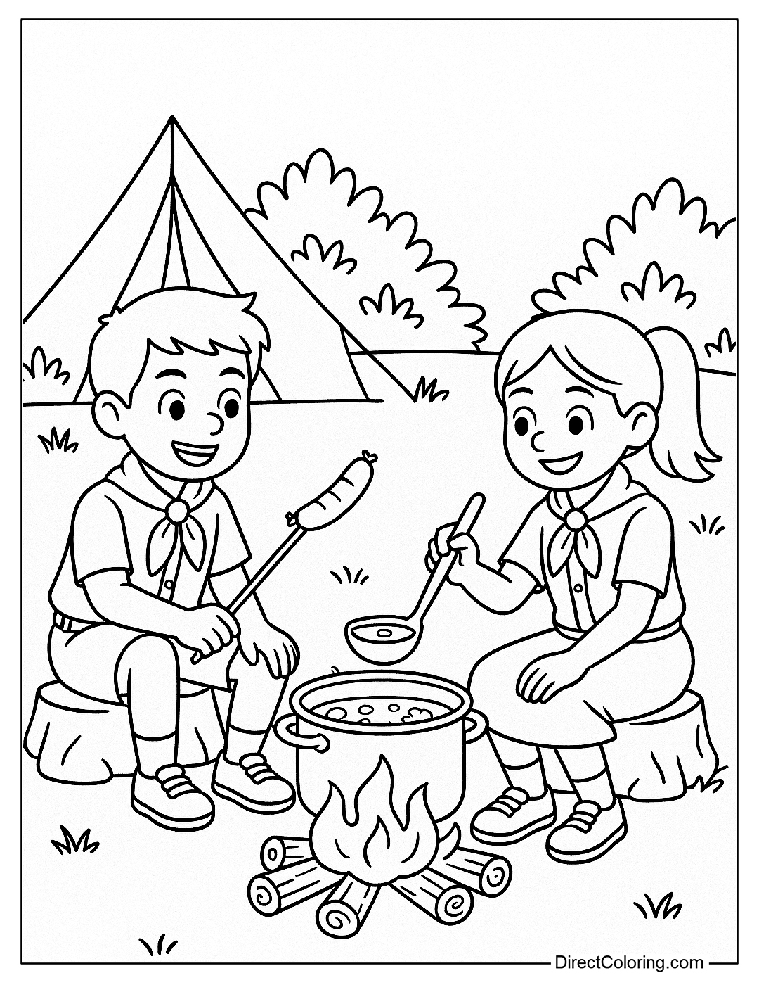 A coloring page of campers frying sausages and cooking soup on an outdoor wood stove.